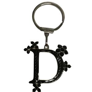 New DIOR Keychain Black Enamel Swarovski Crystals GunMetal “D” Charm Signed